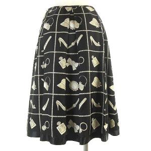M'S GRACY スカート ひざ丈 フレア 総柄 タック ブラック 38