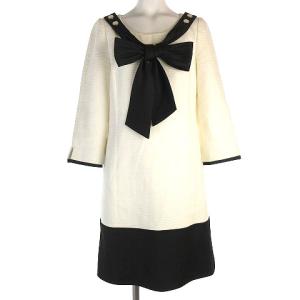 ワンピース ひざ丈 七分袖 ニット コットン 切替 シャンタン リボン付き ホワイト ブラック