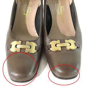 Salvatore Ferragamo パンプス レザー ガンチーニ チャンキーヒール スクエアトゥ 茶 ブラウン 9 26.5cm位 靴 シューズ