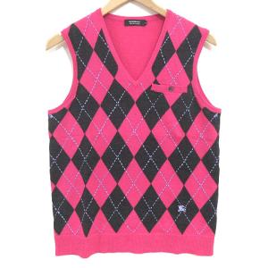 ニット ベスト アーガイル チェック Vネック プルオーバー ウール ロゴ刺繍 ピンク