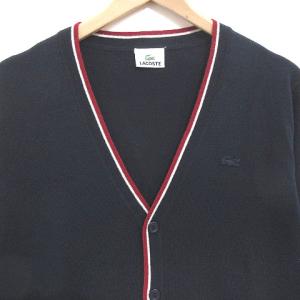 LACOSTE カーディガン ニット 長袖 Vネック トリコロールライン ウール ハイゲージ ロゴ刺繍 ネイビー 2