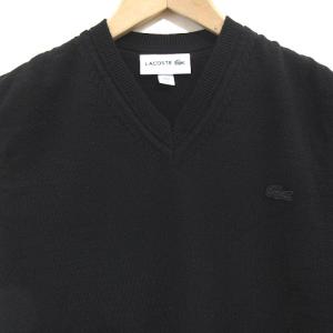LACOSTE 近年 ウォッシャブル メリノウール Vネック ニット ベスト プルオーバー ロゴパッチ ブラック