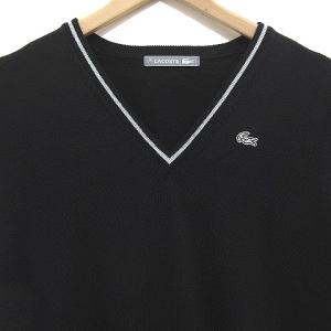 LACOSTE 銀タグ ニット セーター 長袖 Vネック ウール ハイゲージ ライン 銀ワニ ロゴパッチ ブラック