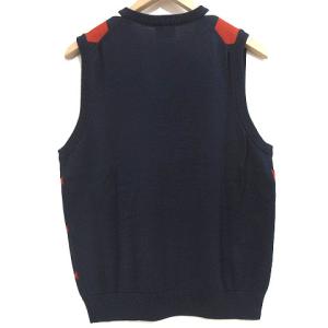 LACOSTE ニット ベスト トリコロール アーガイル チェック Vネック プルオーバー ロゴパッチ ネイビー