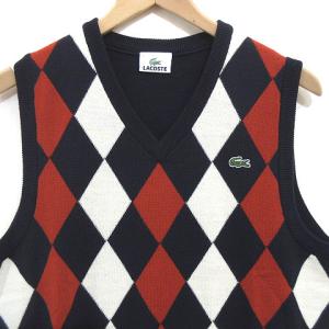 LACOSTE ニット ベスト トリコロール アーガイル チェック Vネック プルオーバー ロゴパッチ ネイビー