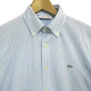 LACOSTE ワイシャツ ビズ ポロシャツ ストライプ 長袖 ボタンダウン BD 銀ワニ ロゴパッチ 水色 ホワイト
