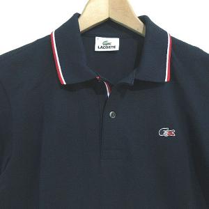 LACOSTE ポロシャツ 鹿の子 半袖 トリコロールライン ワニ ロゴパッチ コットン ネイビー