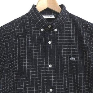 LACOSTE シャツ ポロシャツ 半袖 ボタンダウン ウインドウペン チェック 銀ワニ ロゴパッチ ネイビー