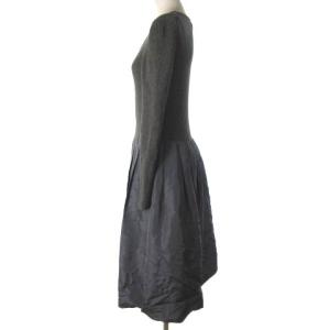 Harrods ワンピース ひざ丈 ニット ドッキング ウール シルク ギャザー チャコールグレー