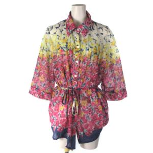 シャツ ブラウス 花柄 コットン シルク 7分袖 ピンク 13+ 大きいサイズ