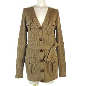 カーディガン ニット 長袖 リブ ウール100 くるみボタン リボンベルト付き ベージュ XL