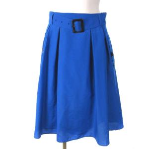 近年モデル スカート ひざ丈 ギャザー フレア ベルト ウエストマーク ブルー 38