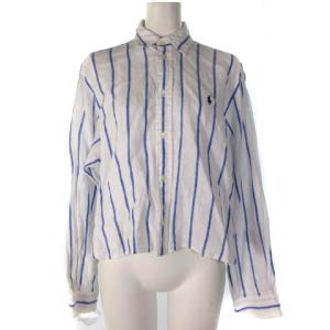 麻 リネン シャツ ブラウス 長袖 ストライプ クロップド ホワイト ブルー XXS