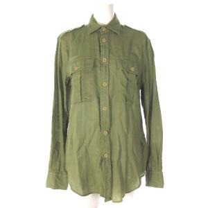 シャツ ブラウス 長袖 ミリタリー コットン リネン カーキ S