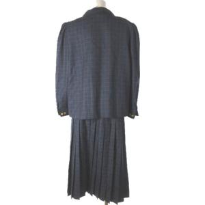 Leilian セットアップ スカート スーツ チェック 金釦 パフスリーブ シャツ 長袖 プリーツスカート ネイビー 紺 13+ 大きいサイズ