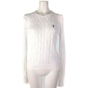 ニット セーター ケーブル ワンポイント 長袖 プルオーバー コットン 春秋 白 ホワイト XS