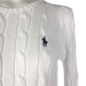 POLO RALPH LAUREN ニット セーター ケーブル ワンポイント 長袖 プルオーバー コットン 春秋 白 ホワイト XS