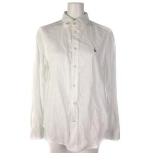 ボタンダウン シャツ ブラウス 長袖 ワンポイント エンブロイダリー リネン コットン 白 ホワイト L