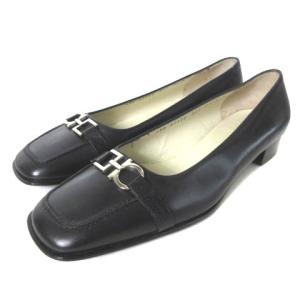 パンプス シューズ レザー ガンチーニ ローヒール スクエアトゥ ブラック 黒 7.5 25cm