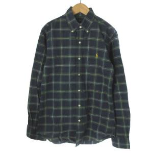 ボタンダウンシャツ 長袖 チェック スリムフィット カレッジグリーン 緑 S