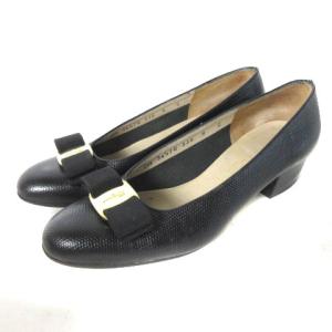 パンプス シューズ ヴァラ リボン ローヒール レザー リザード型押し 黒 ブラック 6 23.5cm