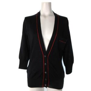 ニット カーディガン 7分袖 ウール シルク ライン 胸ポケット 薄手 ネイビー 紺 40 ECR17