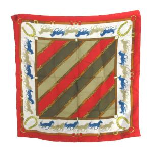 ヴィンテージ スカーフ シルク100％ 大判 馬車 蹄鉄 プリント レッド ブラウン ECR17