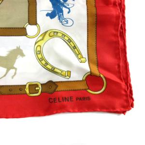 CELINE ヴィンテージ スカーフ シルク100％ 大判 馬車 蹄鉄 プリント レッド ブラウン ECR17