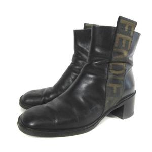 FENDI サイドゴア ロゴ  レザー ショートブーツ シューズ ローヒール スクエアトゥ ブラック 黒 36.5 23.5cm ECR17