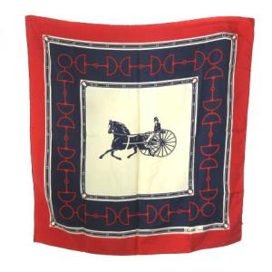 馬車 carriage ホースビット プリント スカーフ 大判 シルク100％ ネイビー アイボリー ECR17