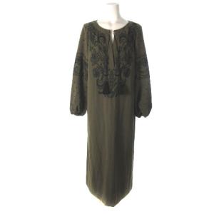 近年モデル ロングワンピース エンブロイダリー 刺繍 ボリュームスリーブ カーキ 36