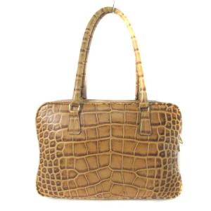 A.D.M.J. ハンドバッグ クロコ型押し レザー スクエア型 ゴールド金具 キャメル