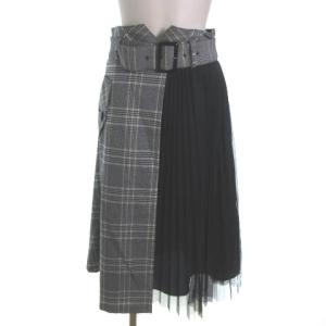 ロングスカート チェック プリーツ チュールレース 切替 グレー 38