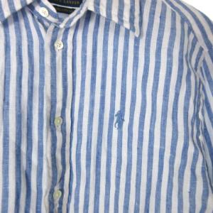 POLO RALPH LAUREN シャツ ブラウス 長袖 麻 リネン ストライプ ワンポイント ブルー XS