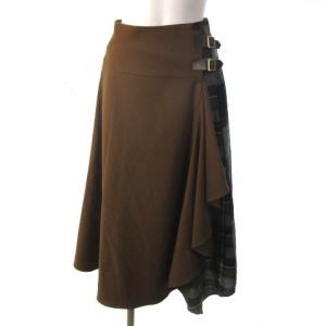22AW クレストブリッジチェックエアリーツイルスカート チェック ミモレ丈 ブラウン グリーン 茶 緑 34 55S04-822-56