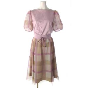 22SS クレストブリッジ チェック セットアップ チュールレース ひざ丈 スカート ピンク 36 55J65-721-10