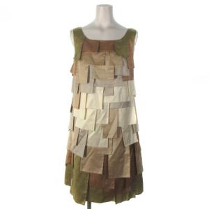 ワンピース ひざ丈 ノースリーブ 配色 ティアード ベージュ ブラウン M