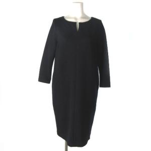 ワンピース ひざ丈 ジャガード 長袖 ブラック 黒 36