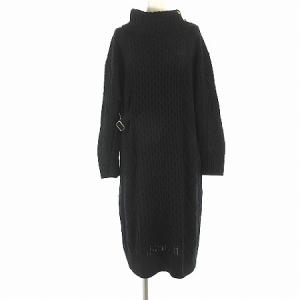 21AW ワンピース ニット タートルネック ひざ丈 長袖 金ボタン チェック使い ケーブル ゲージ切替 ベルト ウール 黒