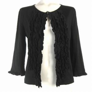 カーディガン 七分袖 フリル コットン 無地 黒 ブラック 38