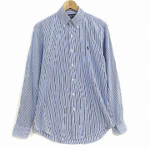 シャツ ワイシャツ 長袖 ボタンダウン BD ストライプ カスタムフィット ロゴ刺繍 紺 ネイビー S SM0