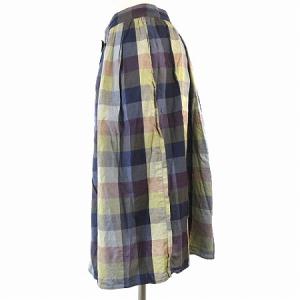 MARGARET HOWELL スカート ひざ丈 チェック フレア ハーフボタン コットン リネン混 マルチカラー ブルー系 3 L位