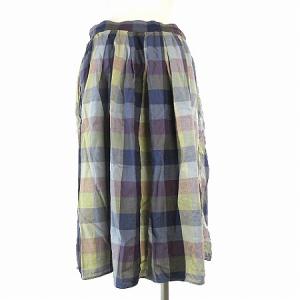 MARGARET HOWELL スカート ひざ丈 チェック フレア ハーフボタン コットン リネン混 マルチカラー ブルー系 3 L位