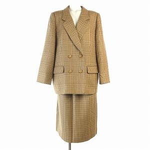 スーツ セットアップ チェック ジャケット ダブル スカート ひざ丈 ウール 大きいサイズ ベージュ ブラウン系 13 XL位