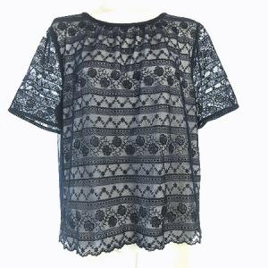 カットソー 半袖 総レース チュール 花柄 刺繍 ナイロン 大きいサイズ 紺 ネイビー 13 XL位