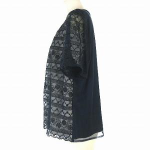 Leilian カットソー 半袖 総レース チュール 花柄 刺繍 ナイロン 大きいサイズ 紺 ネイビー 13 XL位