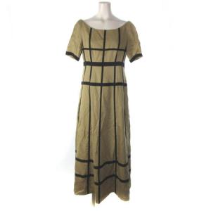 タグ付き ロングワンピース シルク混 半袖 テープ装飾 チェック ベージュ ブラック 40 NGA35