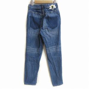 MUVEIL お花ワッペン付き デニムパンツ ジーンズ テーパード ハイウエスト ビジュー装飾 ブルー 36