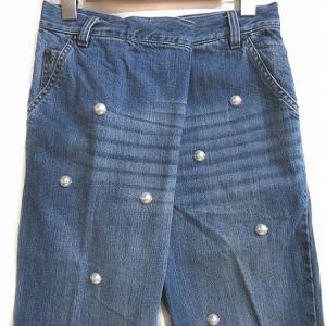 MUVEIL お花ワッペン付き デニムパンツ ジーンズ テーパード ハイウエスト ビジュー装飾 ブルー 36