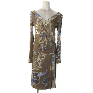 セットアップ スカート ひざ丈 長袖 Vネック とろみ 総柄 ブラウン ブルー 38